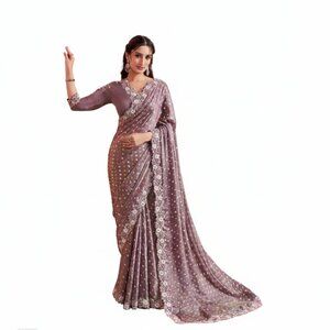 Exquisite Women's Embroidered Satin Silk Banarasi Saree